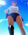  1girl breasts highres maken-ki! screencap shinatsu_azuki short_hair shorts smile solo standing violet_eyes 