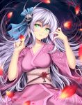  1girl atomix breasts fire highres japanese_clothes kimono light_smile long_hair looking_at_viewer original silver_hair skull solo 
