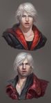  2boys akumey blue_eyes dante devil_may_cry devil_may_cry_4 facial_hair multiple_boys nero_(devil_may_cry) portrait realistic stubble white_hair 