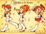  3girls blush brown_eyes brown_hair closed_eyes drum drumsticks flag futami_ami futami_mami heart icon_(sugarless_yogurt) idolmaster instrument marching_band multiple_girls musical_note open_mouth orange_hair short_hair side_ponytail smile star takatsuki_yayoi trumpet twintails 