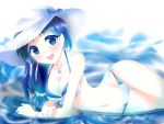  1girl bikini blue_eyes blue_hair daefny hat highres hiradaira_chisaki long_hair lying nagi_no_asukara on_side swimsuit 
