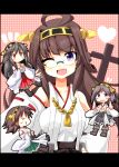  &gt;_&lt; 4girls ahoge bare_shoulders black_hair brown_hair detached_sleeves fang glasses glasses_removed hairband haruna_(kantai_collection) heart hiei_(kantai_collection) ishimori_sakana japanese_clothes kantai_collection kirishima_(kantai_collection) kongou_(kantai_collection) long_hair multiple_girls nontraditional_miko open_mouth personification short_hair smile wink 