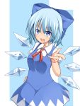  1girl blue_dress blue_eyes blue_hair bow cirno dress fang garasuita hair_bow ice ice_wings looking_at_viewer open_mouth shirt short_hair smile solo touhou wings 