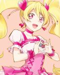  1girl blonde_hair brooch choker clenched_hand corset cure_peach dress earrings eyelashes fresh_precure! hair_ornament happy heart heart_hair_ornament jewelry kurochiroko long_hair magical_girl momozono_love open_mouth pink_dress pink_eyes precure puffy_sleeves simple_background skirt smile solo twintails wrist_cuffs 
