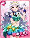  1girl :d character_name detached_collar headband idolmaster idolmaster_million_live! long_hair looking_at_viewer midriff navel official_art open_mouth shijou_takane silver_hair skirt smile violet_eyes wrist_cuffs 