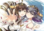  2girls ahoge bare_shoulders black_hair brown_hair detached_sleeves double_bun hair_ornament hairband hairclip haruna_(kantai_collection) heart huyukaaki japanese_clothes kantai_collection kongou_(kantai_collection) long_hair multiple_girls open_mouth outstretched_hand personification reaching smile thigh-highs white_hair 