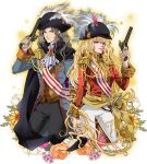  1boy 1girl androgynous blonde_hair blue_eyes brown_hair character_request eyelashes feathers flintlock green_eyes gun hat long_hair ornament oscar_francois_de_jarjayes pistol sword sword_hilt tagme tamari_(flawless) versailles_no_bara wavy_hair weapon 