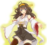  1girl ahoge armpits blue_eyes brown_hair detached_sleeves hairband i_b_b_e japanese_clothes kantai_collection kongou_(kantai_collection) long_hair looking_at_viewer nontraditional_miko open_mouth personification solo thighhighs wide_sleeves 