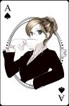  1girl ace_of_spades blonde_hair business_suit cup dress_shirt frame glasses green_eyes hair_bun holding_cup looking_at_viewer monochrome original playing_card_theme poaro rimless_glasses shirt simple_background sipping solo spot_color teacup white_background white_skin 