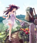  1girl black_hair flower long_hair original outdoors solo soujun7023 tulip violet_eyes watering_can windmill 