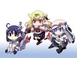  3girls ahoge blonde_hair blue_eyes blue_hair chibi fingerless_gloves firing gloves hair_ribbon hat hibiki_(kantai_collection) ikuya_daikokudou kantai_collection machinery multiple_girls personification red_eyes ribbon sitting thigh-highs torpedo triangle_mouth turret ushio_(kantai_collection) verniy_(kantai_collection) yuudachi_(kantai_collection) 