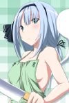  1girl alternate_hairstyle apron bare_shoulders blush breasts bust collarbone ghost green_eyes hair_ribbon hitodama kitchen_knife knife konpaku_youmu konpaku_youmu_(ghost) looking_at_viewer naked_apron nori_tamago ponytail ribbon sideboob silver_hair solo touhou 