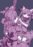  1girl animal_ears black_bow bow braid braiding_hair cat_ears dress eyelashes frame from_behind hair_bow hairdressing head_tilt looking_at_mirror mirror monochrome mouth_hold ornate ribbon ribbon_in_mouth short_sleeves simple_background sitting solo spot_color stool thupoppo touhou twin_braids violet_eyes 