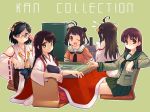  5girls ahoge akagi_(kantai_collection) antenna_hair armor black_hair blue_eyes board_game brown_eyes brown_hair detached_sleeves double_bun glasses hairband japanese_clothes kantai_collection kirishima_(kantai_collection) kongou_(kantai_collection) kotatsu looking_at_viewer mahjong mahjong_tile messy_hair multiple_girls muneate naka_(kantai_collection) nontraditional_miko ooi_(kantai_collection) personification red_eyes sweatdrop table vovovov wide_sleeves wink 