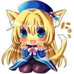  1girl animal_ears atago_(kantai_collection) black_legwear blonde_hair blue_dress blue_eyes blush bow cat_ears cat_tail chibi chocolat_(momoiro_piano) dress hat kantai_collection kemonomimi_mode long_hair long_sleeves looking_at_viewer open_mouth pantyhose paw_pose simple_background smile solo tail white_background 