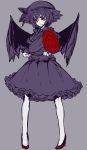  1girl bat_wings bouquet bow flower frilled_skirt frills grey_background hat hat_bow high_heels holding_bouquet legs monochrome pigeon-toed red_eyes red_rose red_shoes remilia_scarlet rose shoes short_hair simple_background skirt slit_pupils solo spot_color talons thupoppo touhou wings 