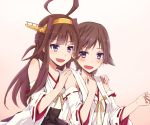  2girls ahoge bare_shoulders blush brown_hair detached_sleeves double_bun hair_ornament hairband headgear hiei_(kantai_collection) japanese_clothes kantai_collection kay_(utd) kongou_(kantai_collection) long_hair multiple_girls nontraditional_miko open_mouth personification short_hair skirt smile violet_eyes 