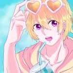  blonde_hair drink free! hazuki_nagisa heart-shaped_glasses male open_mouth red_eyes short_hair straw sunglasses 