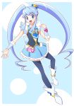  1girl blue_eyes blue_hair blue_legwear boots cure_princess earrings gudon happinesscharge_precure! happy jewelry long_hair magical_girl open_mouth shirayuki_hime solo thighhighs twintails 