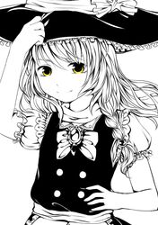  1girl apron bow braid brooch bust greyscale hand_on_hat hand_on_hip hat hat_ribbon igyouhime jewelry kirisame_marisa long_hair looking_at_viewer monochrome puffy_short_sleeves puffy_sleeves ribbon short_sleeves single_braid smile solo spot_color touhou vest waist_apron yellow_eyes 