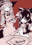  2girls apron ascot black_hair braid closed_eyes detached_sleeves empty_bowl eyelashes food hair_tubes hakurei_reimu hands_together hat kirisame_marisa ladle long_hair monochrome multiple_girls placemat red_background simple_background sitting soup spoon table thupoppo touhou witch_hat 