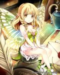  1girl bare_shoulders blonde_hair book braid breasts butterfly_wings cleavage dress envelope fairy flask inkwell long_hair minigirl original pointy_ears quill shoes solo tin_(wsp85205) twin_braids wings yellow_eyes 