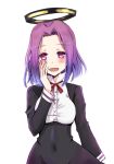  1girl blush breasts kantai_collection kay_(utd) mechanical_halo open_mouth personification purple_hair school_uniform short_hair skirt smile solo tatsuta_(kantai_collection) violet_eyes 