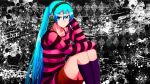  1girl blue_eyes blue_hair cable casual hatsune_miku headphones kneehighs long_hair looking_at_viewer shorts sitting solo striped striped_sweater sweater taidaru twintails vocaloid 