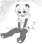  1girl :&lt; animal_ears breasts collar flower furry greyscale monochrome navel panda parody shepherd0821 sitting solo tagme 
