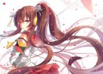  1girl bare_shoulders brown_hair ceru cherry_blossoms detached_sleeves flower hair_flower hair_ornament kantai_collection long_hair looking_at_viewer oriental_umbrella personification ponytail red_eyes solo umbrella very_long_hair yamato_(kantai_collection) 