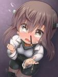  1girl bike_shorts blush brown_eyes brown_hair headband headgear hobby_(kento) in_nose kantai_collection looking_at_viewer open_mouth pencil personification short_hair snot solo taihou_(kantai_collection) tears thigh-highs 