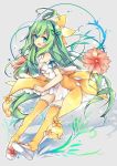  1girl alraune_(p&amp;d) bare_shoulders dress flower green_eyes green_hair highres leeannpippisum long_hair open_mouth puzzle_&amp;_dragons thigh-highs 