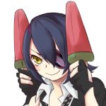  1girl blue_hair checkered_necktie eyepatch fingerless_gloves gloves headwear_removed kantai_collection personification popsicle puuyan_(era218) short_hair solo sweatdrop tenryuu_(kantai_collection) watermelon_bar wavy_mouth yellow_eyes 