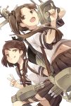  2girls ayanami_(kantai_collection) blush brown_eyes brown_hair cannon from_below hair_ribbon kantai_collection kuuga_(cf) long_hair looking_up multiple_girls personification ponytail ribbon school_uniform serafuku shikinami_(kantai_collection) short_hair side_ponytail skirt smile torpedo turret v 