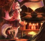  1girl animal_ears detached_sleeves geta hat hat_ribbon house inubashiri_momiji long_sleeves looking_at_viewer looking_back red_eyes ribbon rikkido shirt silver_hair skirt solo tail tokin_hat touhou wide_sleeves wolf_ears wolf_tail 