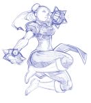 1girl animoose boots bracelet breasts bun_cover china_dress chinese_clothes chun-li double_bun earrings fighting_stance jewelry jumping knee_boots monochrome pantyhose puffy_short_sleeves puffy_sleeves sash short_sleeves solo spiked_bracelet spikes street_fighter 