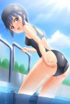  1girl adjusting_clothes adjusting_swimsuit ass black_hair competition_swimsuit highres looking_back one-piece_swimsuit original short_hair solo swim_cap swimsuit takuya_kame violet_eyes water 