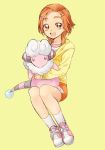  1girl brown_eyes brown_hair crossover eyebrows eyelashes flaaffy futari_wa_precure_splash_star hair_ornament hairclip happy holding hyuuga_saki kurochiroko looking_at_viewer open_mouth pokemon pokemon_(creature) precure shirt shoes short_hair simple_background sitting skirt smile socks solo yellow_background 