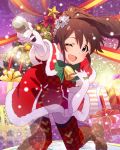  1girl ;d artist_request bell bell_collar blue_eyes blush brown_hair christmas christmas_ornaments christmas_tree collar hair_ornament idolmaster idolmaster_million_live! lens_flare microphone open_mouth ponytail santa_costume satake_minako smile solo thighhighs wink 