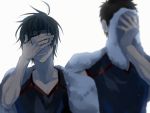  2boys a-tsuki black_hair bloom blurry covering_eyes covering_face crying depth_of_field glasses_on_head imayoshi_shoichi kuroko_no_basuke multiple_boys spoilers sportswear susa_yoshinori tears towel 