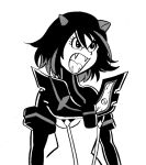  1girl angry breasts crossover devilman fangs female keichiisennsei kill_la_kill matoi_ryuuko monochrome nagai_gou_(style) oldschool open_mouth parody senketsu solo style_parody suspenders under_boob 