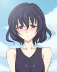  1girl bare_shoulders black_hair blush clouds cloudy_sky collarbone magari_(senjou_no_valkyria) nose_blush one-piece_swimsuit senjou_no_valkyria senjou_no_valkyria_2 short_hair sky small_breasts solo swimsuit syou_(crecre) violet_eyes 