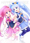  2girls aino_megumi blue_eyes blue_hair blue_legwear blue_skirt boots copyright_name cure_lovely cure_princess earrings eyelashes hair_ornament happinesscharge_precure! happy heart high_heels highres jewelry long_hair looking_at_another magical_girl miyamakoume multiple_girls open_mouth pink_eyes pink_hair pink_skirt ponytail precure puffy_sleeves ribbon shirayuki_hime shirt skirt smile thigh-highs thigh_boots twintails wrist_cuffs zettai_ryouiki 