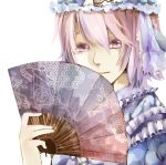  1girl bust colored_eyelashes eyebrows fan folding_fan hhk_(koeda33) japanese_clothes kimono light_smile looking_at_viewer mob_cap pink_eyes pink_hair saigyouji_yuyuko saigyouji_yuyuko&#039;s_fan_design short_hair simple_background solo touhou white_background 