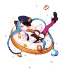  1girl bare_shoulders bikini_top blue_hair boots braid doughnut fingerless_gloves flat_chest gloves gwayo hat jinx_(league_of_legends) league_of_legends long_hair looking_away lying nail_polish navel oversized_object police_hat single_thighhigh smile solo sprinkles tattoo thighhighs twin_braids very_long_hair 
