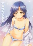  1girl absurdres blue_bra blue_hair blue_panties blush bow bra brown_eyes dress_shirt flat_chest highres idolmaster k.y_ko kisaragi_chihaya long_hair open_clothes open_shirt panties scan shirt solo unbuttoned underwear undressing 