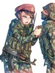  2girls blonde_hair blue_eyes brown_hair camouflage crying daito gun multiple_girls original weapon 
