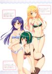  3girls ;) absurdres ahoge arm_behind_back black_bra black_panties blonde_hair blue_bra blue_hair blue_panties blush bra breast_envy breasts brown_eyes cleavage green_bra green_eyes green_hair green_panties hairband hand_on_own_chest hands_on_knees highres hoshii_miki idolmaster k.y_ko kisaragi_chihaya leaning_forward long_hair looking_at_viewer mole multiple_girls navel otonashi_kotori panties red_eyes scan short_hair side-tie_panties small_breasts smile sweatdrop thigh_gap thighhighs underwear underwear_only wink 