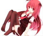  1girl arm_support bat_wings black_legwear covering_mouth hand_to_own_mouth head_wings koakuma long_hair looking_at_viewer moseley necktie no_shoes panties pantyshot pantyshot_(sitting) pink_panties reclining red_eyes redhead short_sleeves simple_background sitting skirt skirt_set solo thigh-highs touhou underwear white_background wings 