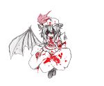  1girl arrow ascot bat_wings bleeding blood boots dress hat injury missing_limb monochrome oni_tengu puffy_short_sleeves puffy_sleeves remilia_scarlet short_hair short_sleeves simple_background touhou traditional_media white_background wings 